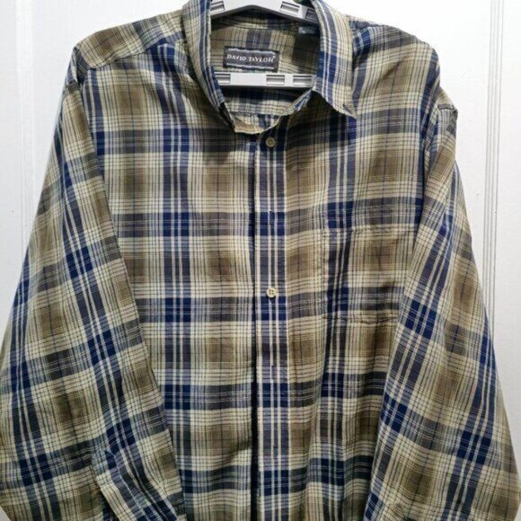 David Taylor Long Sleeve Button Casual Dress Shirt - XL - Blue, Green checkered - Picture 11 of 16